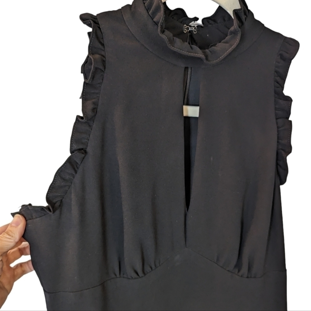 Shoshanna Black Minimalist Midi Dress Mock Neck Keyhole LBD 2 - Picture 6 of 14